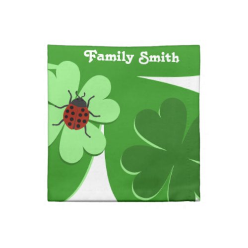 Cute Green White Clover Leaves Ladybug Family Name Cloth Napkin