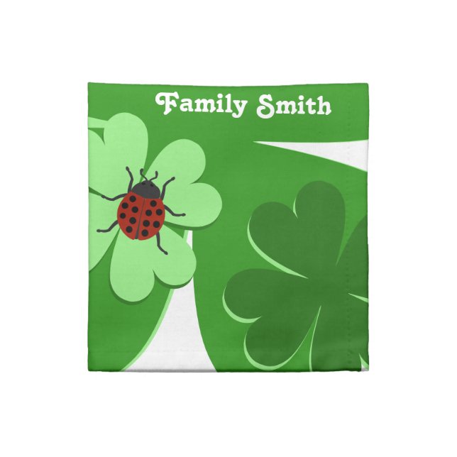 Cute Green White Clover Leaves Ladybug Family Name Cloth Napkin (Quarter Fold)