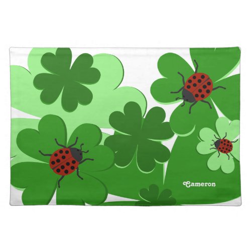 Cute Green White Ladybug Clover Leaves Name  Cloth Placemat