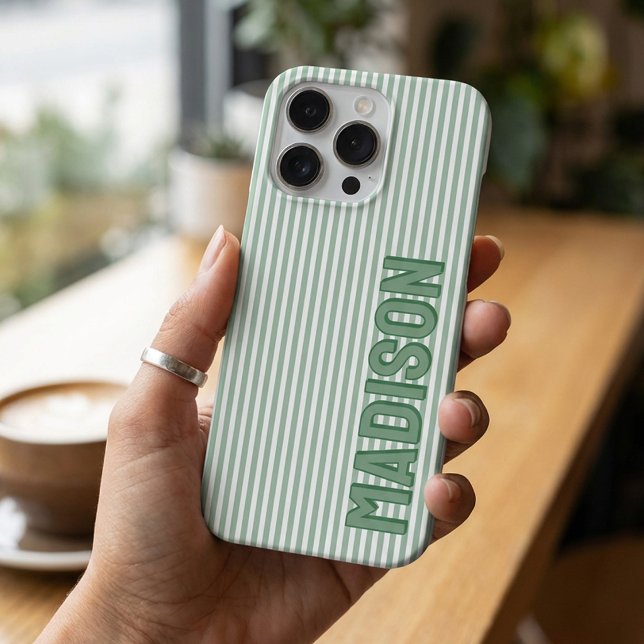 Cute Green & White Pinstripe Personalized Name iPhone Case (Creator Uploaded)