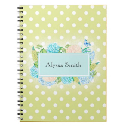 Cute Green White Polka Dots Blue Floral Name Notebook