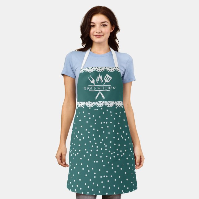 Cute Green White Polka Dots Lace Gigi's Christmas Apron (Worn)