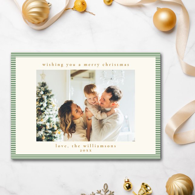 Cute Green White Stripe Custom Photo Christmas Holiday Card (Creator Uploaded)