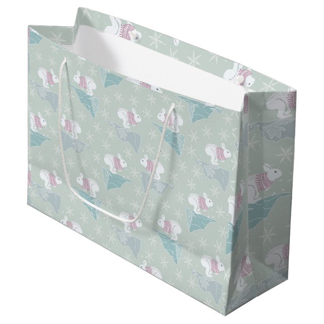 Cute Green Winter Xmas Bunny Sweater Snowflakes Large Gift Bag (Front Angled)