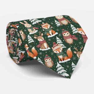 Cute Green Woodland Christmas Animal Pattern Neck Tie