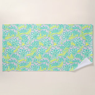 Cute green yellow floral pattern beach towel