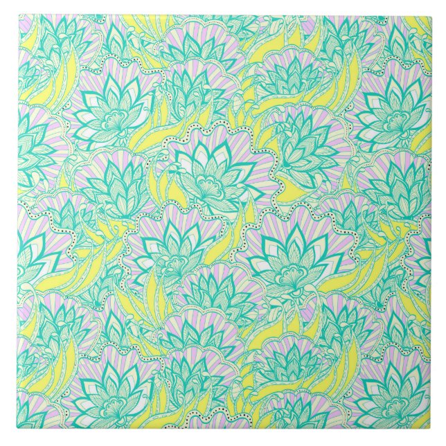 Cute green yellow floral pattern ceramic tile (Front)