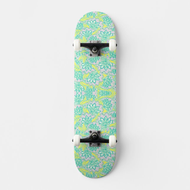 Cute green yellow floral pattern ceramic tile skateboard (Front)