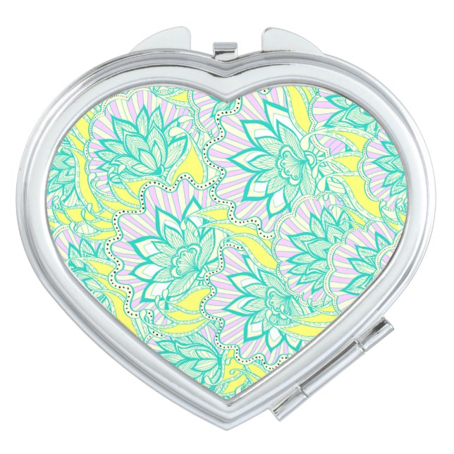 Cute green yellow floral pattern compact mirror (Front)
