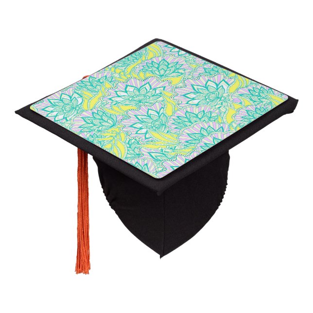 Cute green yellow floral pattern graduation cap topper (Angled)