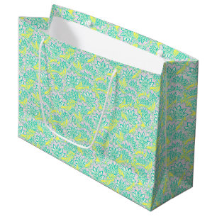 Cute green yellow floral pattern large gift bag