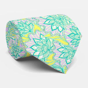 Cute green yellow floral pattern neck tie