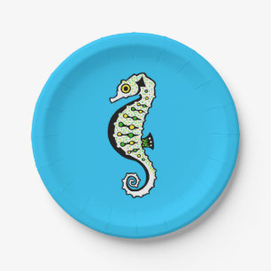 Cute  green & yellow SEAHORSE  -blue ocean  party Paper Plates