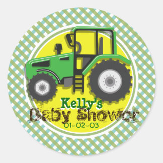 Cute Green & Yellow Tractor; Plaid Baby Shower Classic Round Sticker
