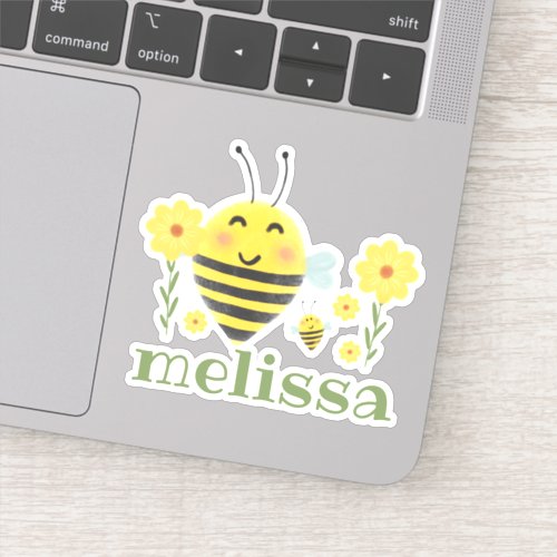 Cute Green  Yellow Watercolor Bees  Name Sticker