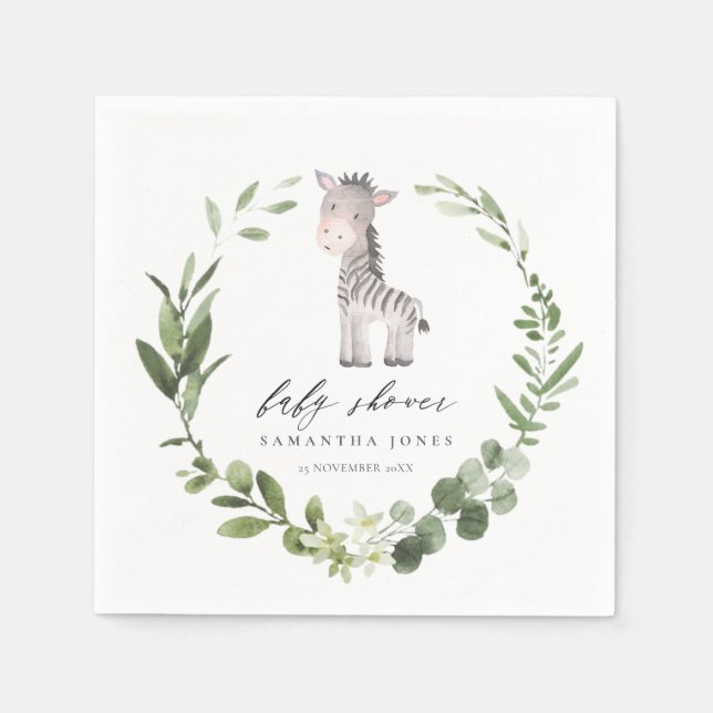 Cute Green Zebra Foliage Wreath Baby Shower Napkins (Front)