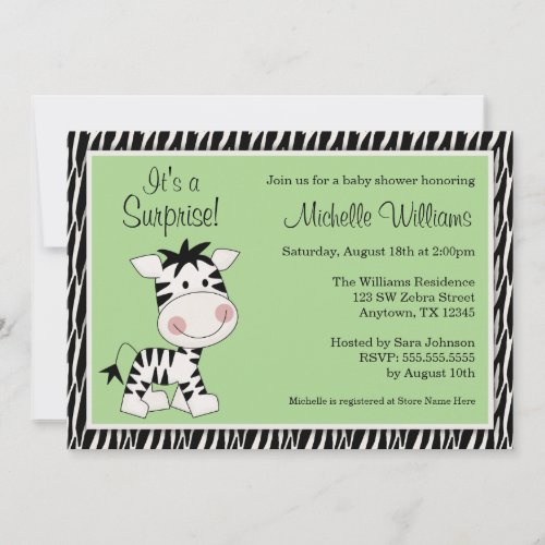 Cute Green Zebra Gender Neutral Baby Shower Personalized Announcement