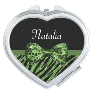 Cute Green Zebra Print FAUX Glitz Bow With Name Compact Mirror