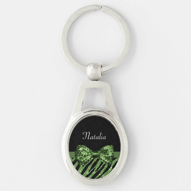 Cute Green Zebra Print FAUX Glitz Bow With Name Keychain (Front)