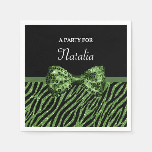 Cute Green Zebra Print FAUX Glitz Bow With Name Paper Napkins