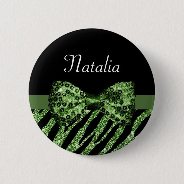 Cute Green Zebra Print FAUX Glitz Bow With Name Pinback Button (Front)