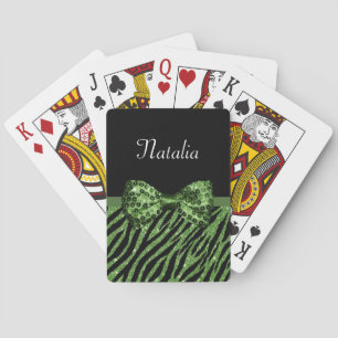 Cute Green Zebra Print FAUX Glitz Bow With Name Poker Cards