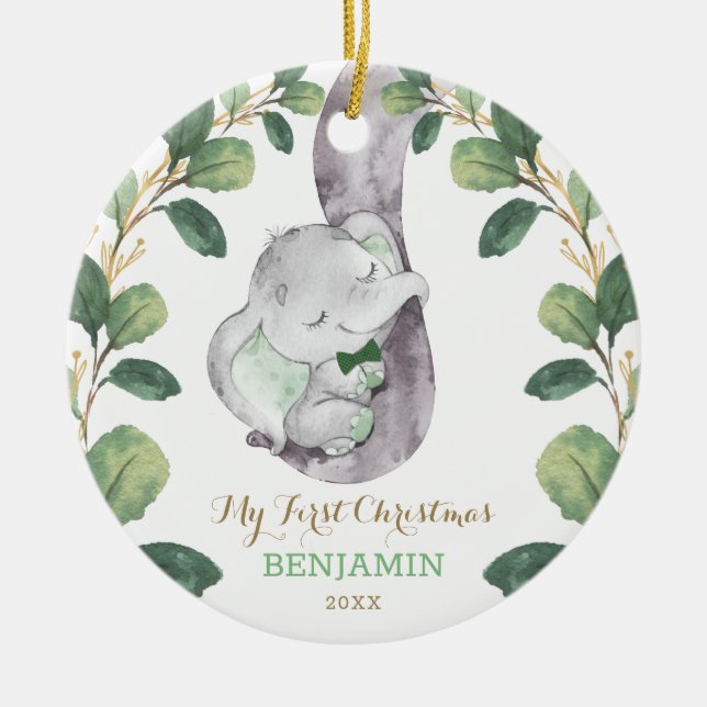 Cute Greenery Baby Elephant First Christmas Ceramic Ornament (Front)