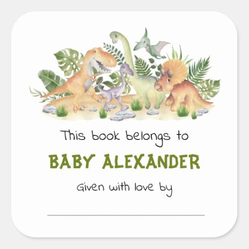 Cute Greenery Dinosaurs Baby Shower Bookplate