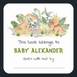Cute Greenery Dinosaurs Baby Shower Bookplate<br><div class="desc">This whimsical design features rustic watercolor tropical greenery and adorable baby dinosaurs</div>