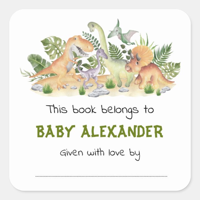 Cute Greenery Dinosaurs Baby Shower Bookplate (Front)