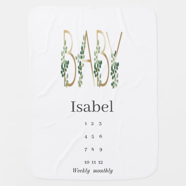 Cute Greenery Elegant Slogan Baby Milestone Baby Blanket (Front)