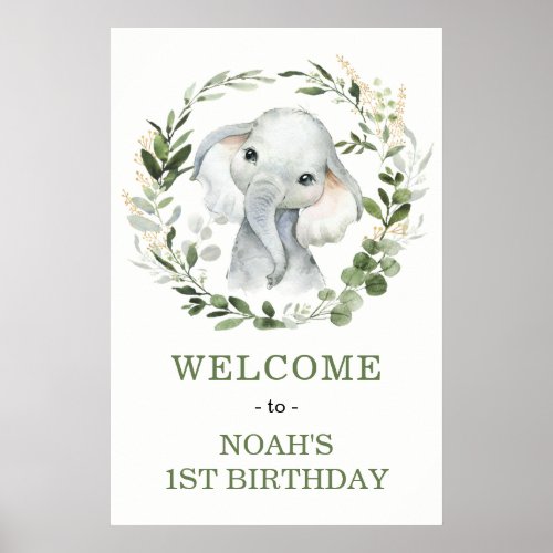 Cute Greenery Elephant Baby Shower Welcome Poster