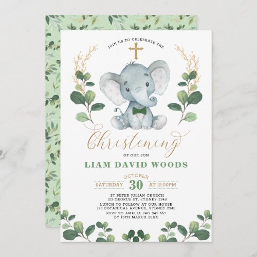 Cute Greenery Elephant Green Gold Christening Invitation