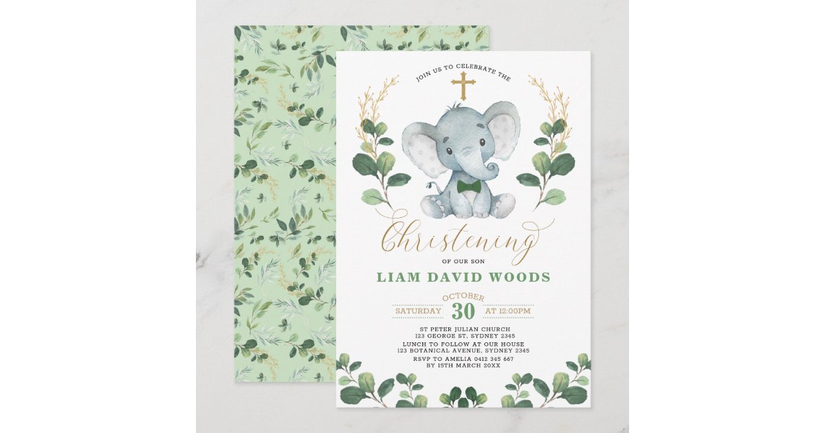 Cute Greenery Elephant Green Gold Christening Invitation Zazzle