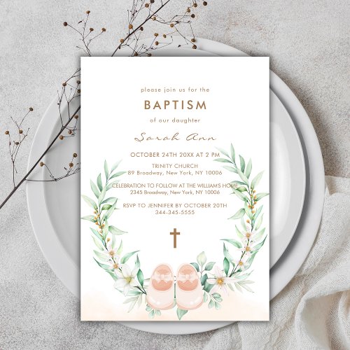 Cute Greenery Eucalyptus Gold Cross Girl Baptism  Invitation