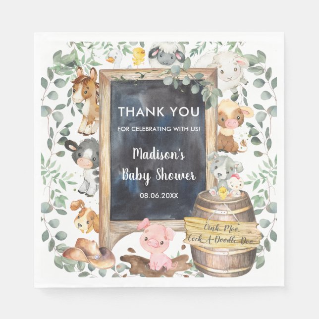 Cute Greenery Farm Animals Birthday Baby Shower  Napkins (Front)