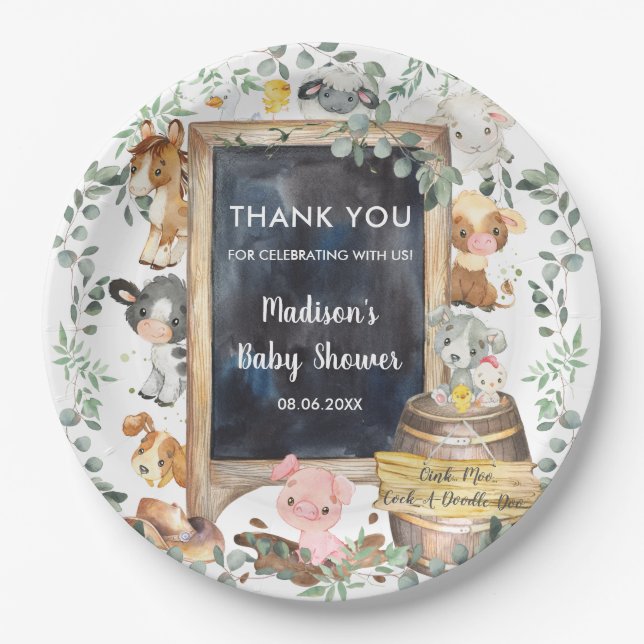 Cute Greenery Farm Animals Birthday Baby Shower  Paper Plates (Front)