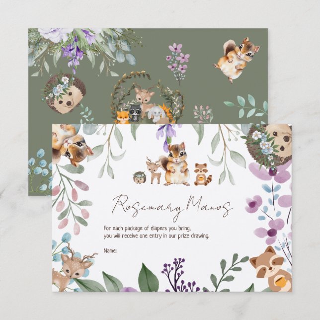 Cute greenery forest animal woodland diaper raffle enclosure card (Front/Back)