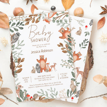 Cute Greenery Forest Animals Woodland Baby Shower Invitation by girly_trend at Zazzle