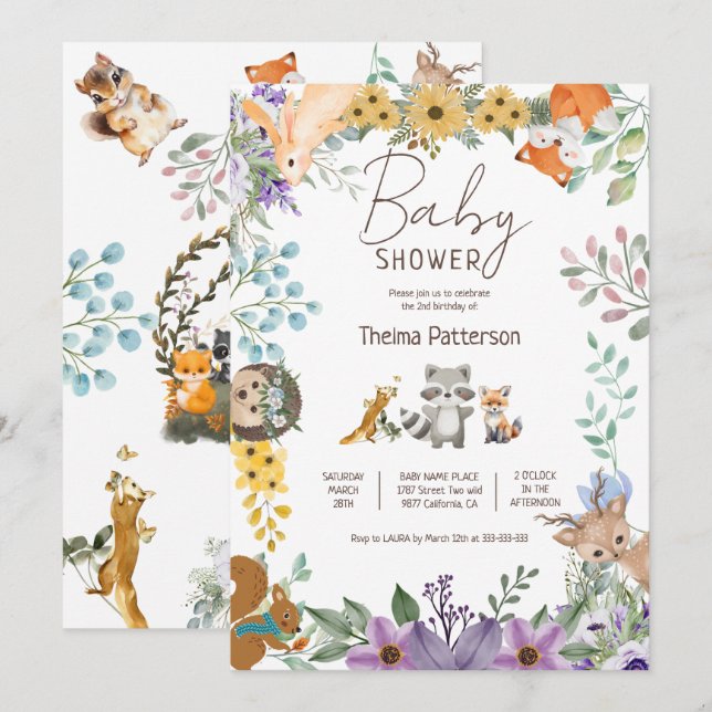 Cute greenery forest animals woodland baby shower invitation (Front/Back)