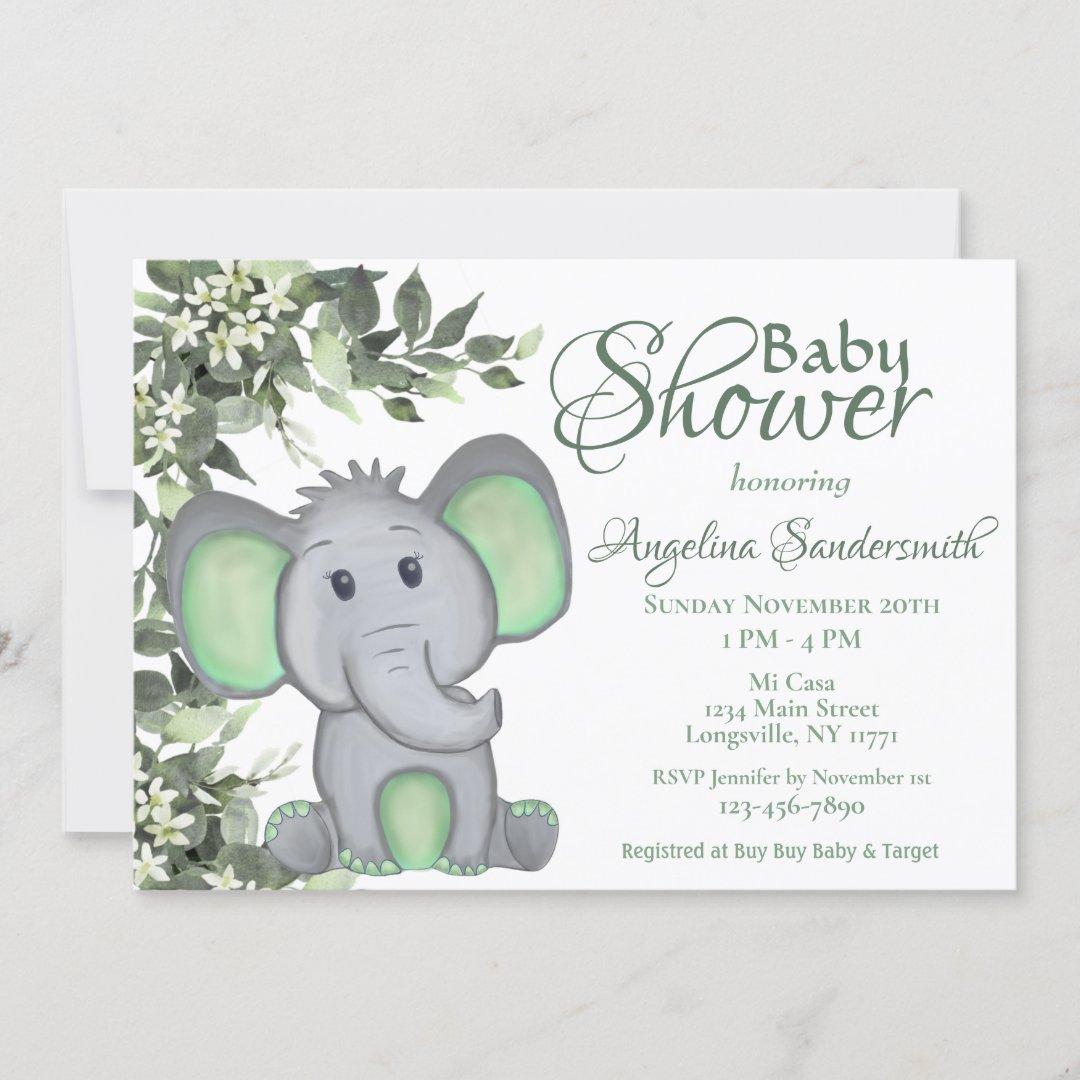 Cute Greenery Gender Neutral Elephant Baby Shower Invitation Zazzle