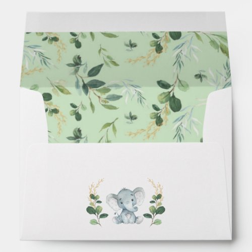 Cute Greenery Gold Baby Elephant Return Address Envelope