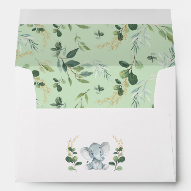 Cute Greenery Gold Baby Elephant Return Address Envelope (Back (Bottom))
