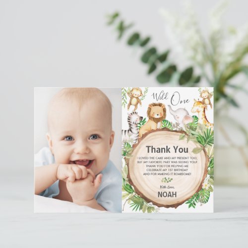 Cute Greenery Jungle Animals Birthday Party Photo Thank You Card