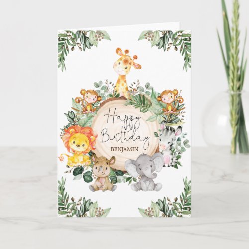 Cute Greenery Jungle Safari Animals Happy Birthday