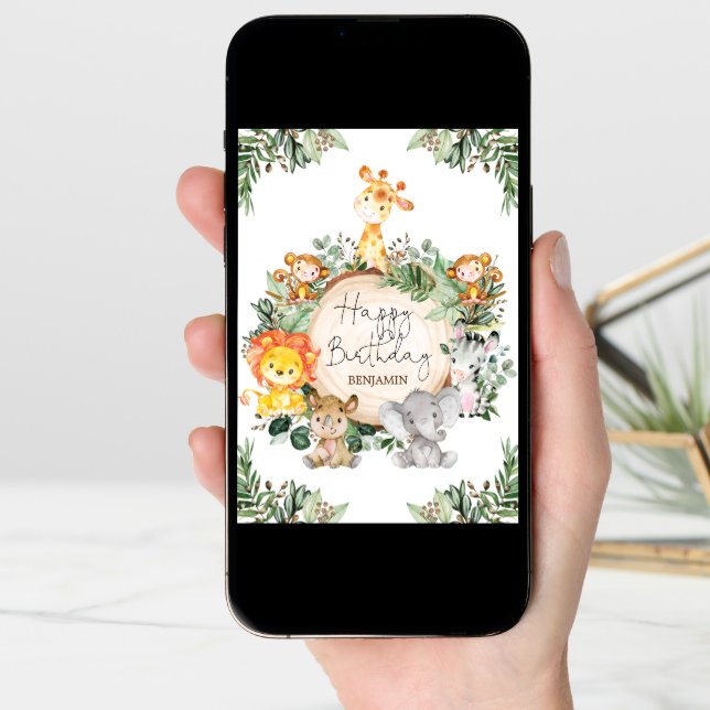 Cute Greenery Jungle Safari Animals Happy Birthday Card (Front Digital)