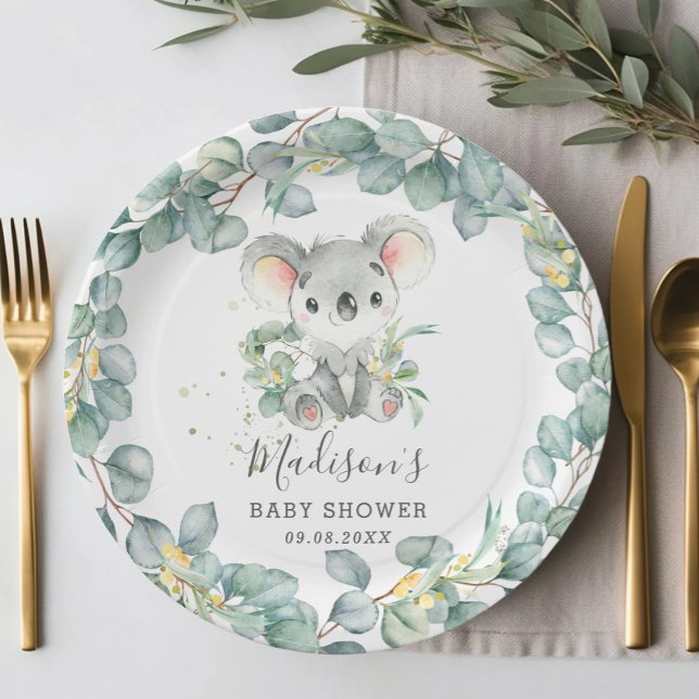 Cute Greenery Koala Baby Boy Shower Birthday Paper Plates (Creator Uploaded)