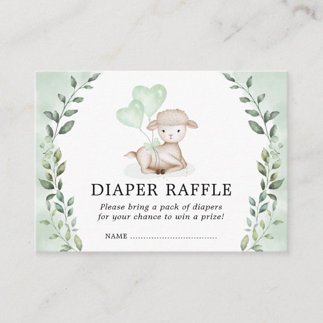 Cute Greenery Lamb Diaper Raffle Baby Sheep Shower Enclosure Card (Front)