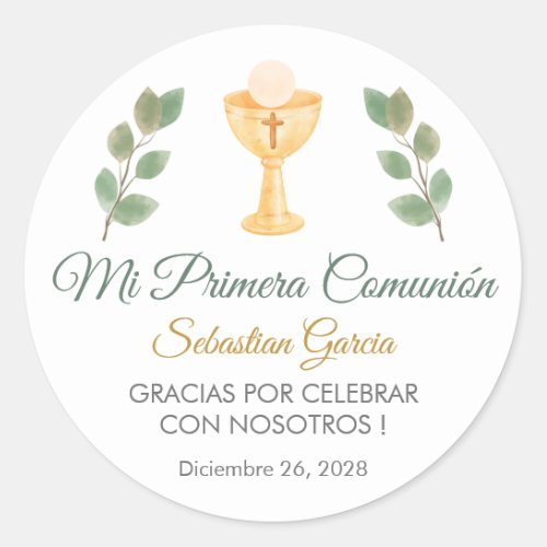 Cute Greenery Leaves in Spanish First Communion  Classic Round Sticker