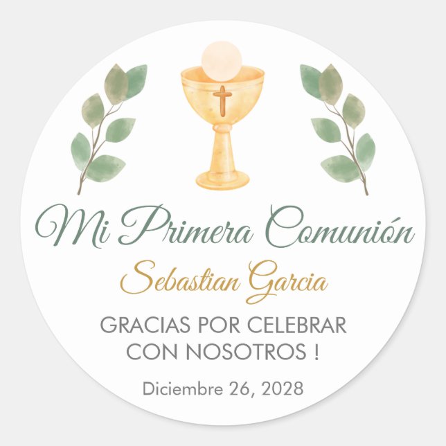 Cute Greenery Leaves in Spanish First Communion  Classic Round Sticker (Front)